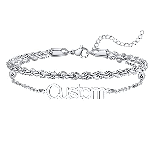 U7 Custom Layered Ankle Bracelets for Women Stainless Steel Bead/Cuban/Figaro/Rope/Wheat Chain Anklet Waterproof Anklet Jewelry for Beach Vacation - color: b-Silver-Rope Chain