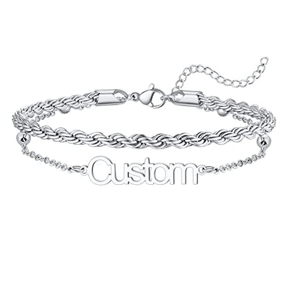 U7 Custom Layered Ankle Bracelets for Women Stainless Steel Bead/Cuban/Figaro/Rope/Wheat Chain Anklet Waterproof Anklet Jewelry for Beach Vacation - color: b-Silver-Rope Chain