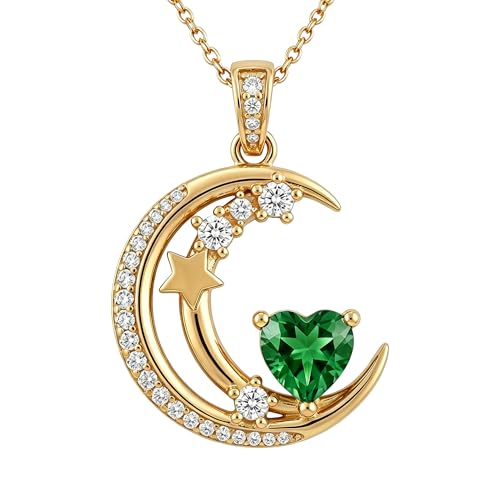 Midari 18K Gold Moon Star Necklace Moon Star Pendant Necklace with 12 Months Birthstones Moons Jewelry Gifts for Women Mom Her - color: 05-May
