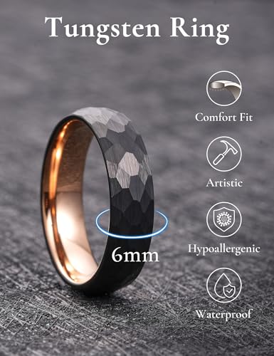 King Will Men's Tungsten Carbide Wedding Ring Hammered Groove Wedding Band Mens Two Tone Engagement Ring for Men and Women Matte Brushed Finish Comfort Fit - color: 6MM Rose Gold-Black