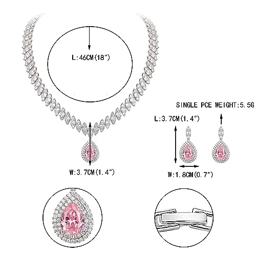 EVER FAITH CZ Marquise Leaf Teardrop Wedding Prom Jewelry Set for Women | Birthstone Pendant Necklace Dangle Earrings - color: Pink