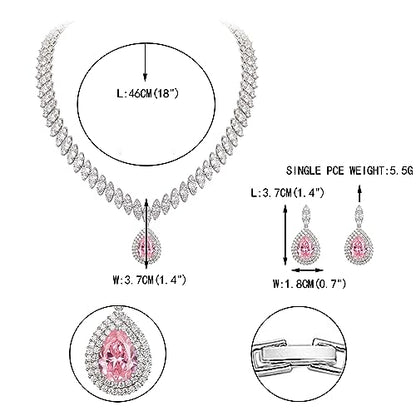 EVER FAITH CZ Marquise Leaf Teardrop Wedding Prom Jewelry Set for Women | Birthstone Pendant Necklace Dangle Earrings - color: Pink