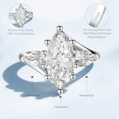 4CT 3 Stone Moissanite Engagement Ring for Women, Marquise Cut D Color VVS1, 925 Sterling Silver with 18K White Gold Plated, Anniversary Promise Ring for Her, Wedding Ring with Gift Box - color: White