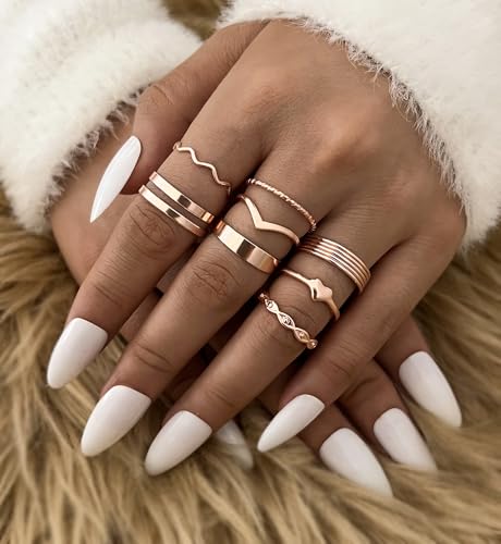 iF YOU 25 Pcs Gold Stackable Ring Set for Women, Chunky Knuckle Finger Midi Rings, Silver Simple Stacking Cute Rings Pack Trendy Stuff Jewelry Gift - style: 25 Rose gold chunky rings