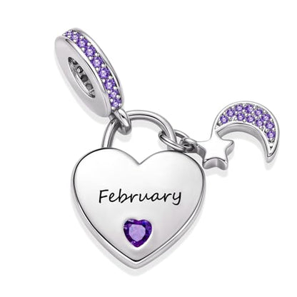 12 Months Birthstone Heart Charm Moon and Star Pendant Bead Compatible with Pandora Bracelet Women - style: February