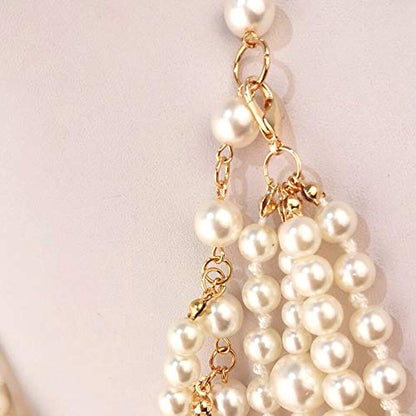 Multilayer Strand Chain Faux Pearls Flapper Beads Cluster Long Choker Necklace - color: Gold White Necklace+Pierced Earrings