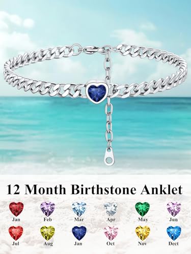 ChainsHouse Cuban Chain Anklets for Women with Heart Birthstone Jan - Dec | Stainless Steel Black Link Chain Ankle Bracelet with Birthstone, Beach Women Anklet 22cm-27cm Adjustable, with Gift Box - color: 09. Sep.-Sapphire-Steel