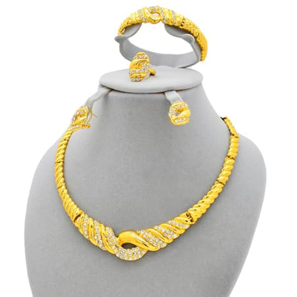 Fashion Crystal Jewelry Set For Women 18 K Gold Plated Jewelry Wedding Bride Dubai Gold Necklace Earrings Bracelet Ring 4 Pieces Set - color: S-708