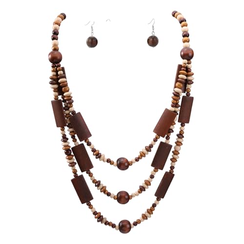Wood Beads Necklace & Earrings for Women Chunky Multi-Layering Choker Necklace Ear Pendant - color: D