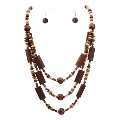 Wood Beads Necklace & Earrings for Women Chunky Multi-Layering Choker Necklace Ear Pendant - color: D