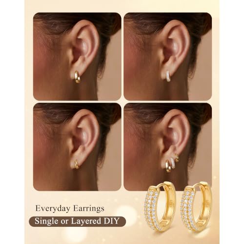 3 Pairs Chunky Small Hoops Set Huggie Earring Stack | Non Tarnish Hypoallergenic 925 Silver Square Earrings Waterproof Cubic Zirconia Hoop Earrings Chunky Gold Small Hoops - color: Gold