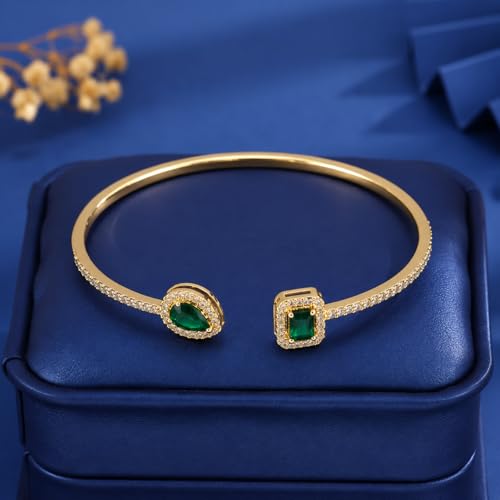 Elegant Versatile Youthful Bracelet, Delicate Water Drop & Square Stone Cuff Bangle for Women - color: Gold-Green, size: One Size