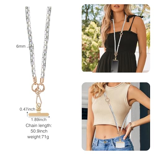 Crystal Phone Strap Crossbody Rhinestone Anti Theft Layered Strap Crossbody Gold Metal Buckles Cell Phone Neck for Women (White) - color: White