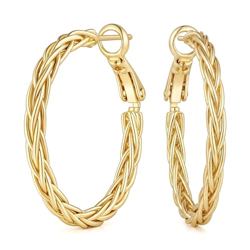 Gold Earrings for Women 14K Gold Hoop Earrings for Women | 14K Gold Earrings for Women Hoop Twisted Woven Texture and Braided Detailing Gold Hoop Earrings for Womens 30mm