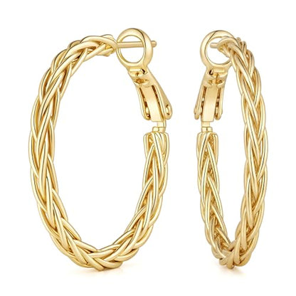 Gold Earrings for Women 14K Gold Hoop Earrings for Women | 14K Gold Earrings for Women Hoop Twisted Woven Texture and Braided Detailing Gold Hoop Earrings for Womens 30mm
