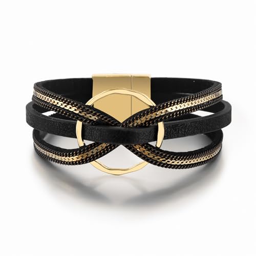 Edoneery Leather Wrap Bracelets for Women, Boho Layered Cuff Bangle | Multi-layer Leather Cuff, Daily wear, Stackable Bangle, Easy on-off, Western Jewelry Gifts for Women - color: Black-6
