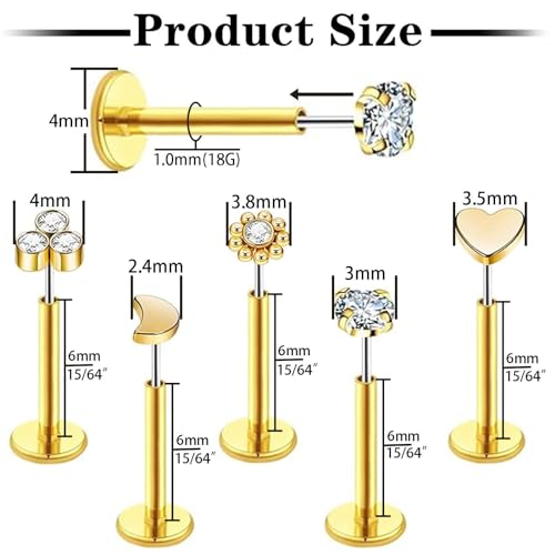 Uni-J 10pcs 20G/18G/16G Threadless Push-in Tragus Conch Cartilage Flat Back Helix Labret Monroe Lip Ring Daith Piercing Jewelry - color: Gold 6mm