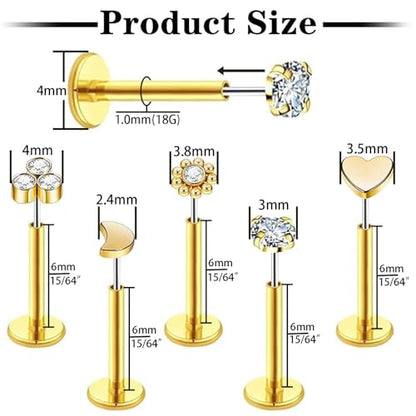 Uni-J 10pcs 20G/18G/16G Threadless Push-in Tragus Conch Cartilage Flat Back Helix Labret Monroe Lip Ring Daith Piercing Jewelry - color: Gold 6mm