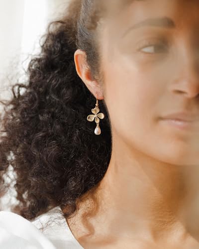 Plenky Pearl Earrings-14K Gold Plated Dainty Pearl Drop Simple Wedding CZ Dangle Dangling Cute Stud Earrings for Brides Earrings for Women Gifts - style: Pearl Flower Earrings