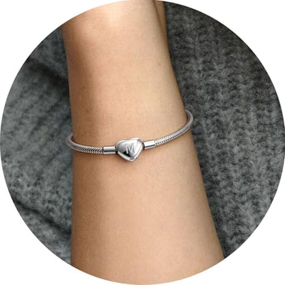 Initial Bracelet Heart Clasp Stainless Steel Snake Chain Alphabet Letter Charm Gift for Women Mom Girlfriend Wife - style: M
