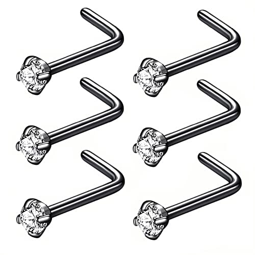 316L Surgical Steel 22g/20g/18g Nose Rings Studs L-Shape Nose Nostrial Piercing Body Jewerly L Shaped Nose Studs 1.5mm 2mm 2.5mm 3mm CZ Nose Screw Studs Rings for Women - style: 6pcs/L-shape/18g/2.0mm Clear CZ/Black