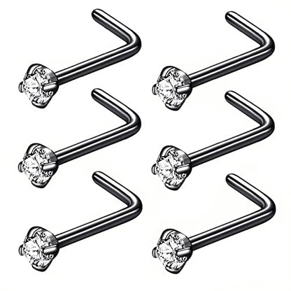 316L Surgical Steel 22g/20g/18g Nose Rings Studs L-Shape Nose Nostrial Piercing Body Jewerly L Shaped Nose Studs 1.5mm 2mm 2.5mm 3mm CZ Nose Screw Studs Rings for Women - style: 6pcs/L-shape/18g/2.0mm Clear CZ/Black