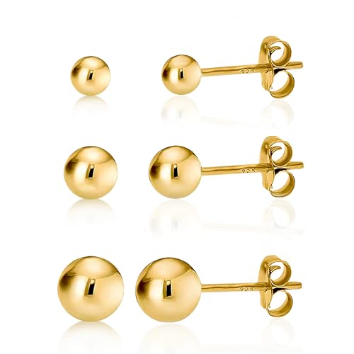KEZEF 925 Sterling Silver Ball Stud Earrings for Women, 2mm to 10mm | Nine Bead Sizes, Three Finishes, Hypoallergenic Nickel Free Post, Butterfly Push Back, Sold As One Pair - color: 14k Yellow Gold, size: 3mm, 4mm, 5mm