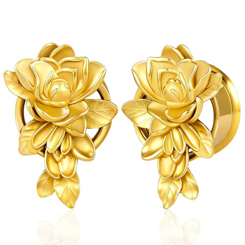 2 Pcs Rose Flower Ear Gauges Stainless Steel Screw Back Ear Plugs Romantic Floral Design Double Flared Tunnels for Stretched Ears Body Jewelry Gift Set for Women & Men - color: G138, size: 16mm(5/8")