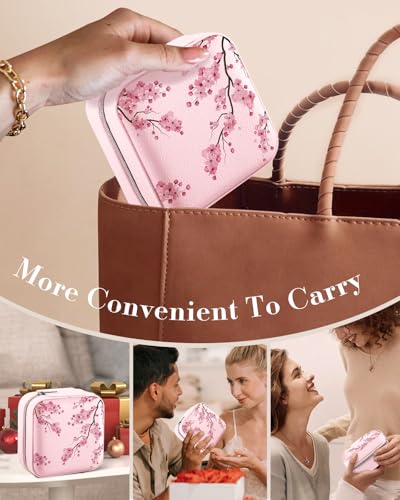 Bistup Travel Jewelry Case - Small Jewelry Organizers and Storage Box for Women Girls Teens Cute Traveling Jewelry Holder with Mirror Little Tiny Compact Modern Unique Aesthetic Pretty, Peach Blossom - style: Peach Blossom