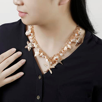 RUOFFETA Shell Starfish Necklace Bracelet Conch Statement Chunky Necklace Mermaid Costume Jewelry Beach Jewelry for Women - style: Necklace