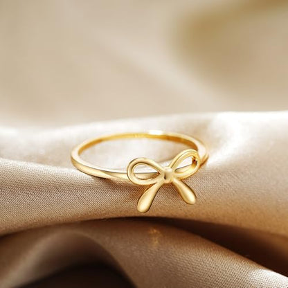 Bow Rings for Women Dainty Bow Tie Band Ring 18K Gold Plated Cute Thin Engagement Knuckle Bow Rings Gold Bowknot Small Stacking Ring Valentines Day Bow Ring for Her Trendy Jewelry - color: Gold 8
