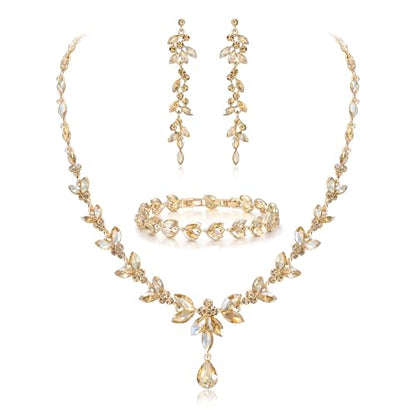 EVER FAITH Marquise Crystal Leaf Bridal Prom Jewelry Set for Women Bride | Rhinestone Wedding Party Necklace Dangle Earrings Tennis Bracelet, for Bridesmaid - color: Champagne
