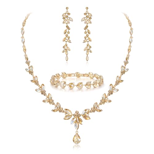 EVER FAITH Marquise Crystal Leaf Bridal Prom Jewelry Set for Women Bride | Rhinestone Wedding Party Necklace Dangle Earrings Tennis Bracelet, for Bridesmaid - color: Champagne
