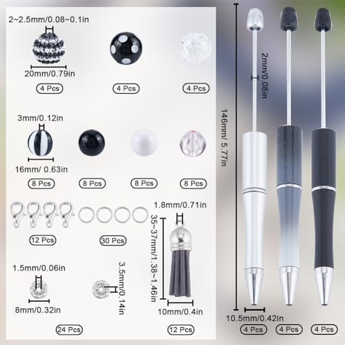 SUNNYCLUE DIY 12 Sets Beadable Pen Making Kit with Black White Acrylic Beads, 20mm Rhinestone Bubblegum Beads, Ballpoint Pens Supplies for Women Men Office School - color: 12 Sets, Black & White