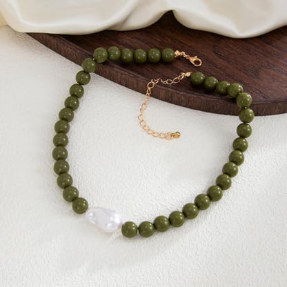 Colorful Faux Baroque Pearl Resin Beaded Choker Necklace Summer Tropical Jewelry for Women - color: Olive Green