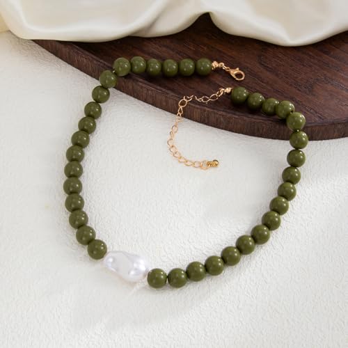 Colorful Faux Baroque Pearl Resin Beaded Choker Necklace Summer Tropical Jewelry for Women - color: Olive Green