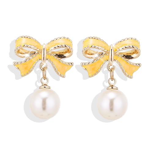 Pearl Bow Earrings for Women Coquette Aesthetic Jewelry Rhinestone Bow Earrings for Bridesmaids Wedding Party Accessories Bridal Costume Accents Bowknot Themed Gifts - color: B5: Yellow Bow Pearl Earrings