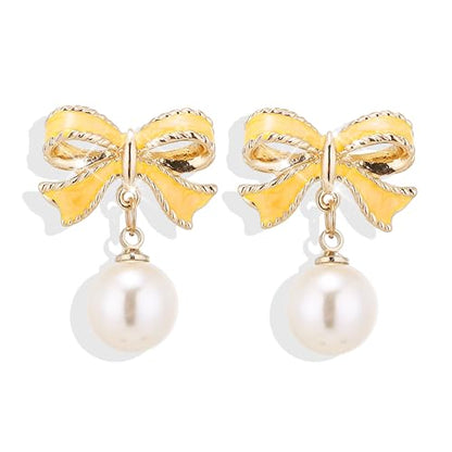 Pearl Bow Earrings for Women Coquette Aesthetic Jewelry Rhinestone Bow Earrings for Bridesmaids Wedding Party Accessories Bridal Costume Accents Bowknot Themed Gifts - color: B5: Yellow Bow Pearl Earrings