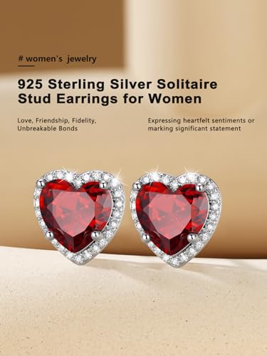 Bestyle Authentic 925 Sterling Silver 2 Carat Birthstone Earrings for Women, More Sparkle Heart/Round Solitaire Diamond Studs Earrings, Great Birthday/Christmas/Anniversary Jewelry for Wife Mother - color: 01. Jan. Garnet-Heart