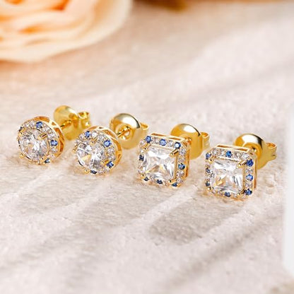 Titanium Stud for Sensitive Ears, Gold Plated Halo Cubic Zirconia Earrings - color: Round & Square Yellow Stud