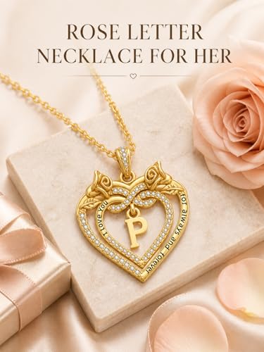 14K Gold Initial Letter Rose Heart Pendant Necklace for Women, Anniversary Birthday Jewelry Gifts for Wife Mom Grandma Sister Daughter, I Love You for Always And Forever - style: 14K Gold-P
