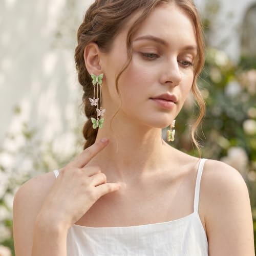Purple Butterfly Tassel Earrings for Women Crystal Rhinestone Drop Earrings Animal Drop Dangle Charm Earrings - color: G-Green
