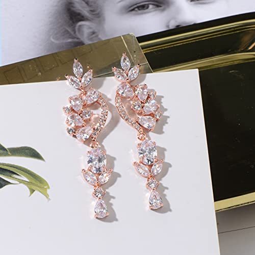 CZ Bridal Earrings for Wedding - 14k Plated Sterling Silver Elegant Teardrop Cubic Zirconia Crystal Rhinestone Floarl Leaf Cluster Chandelier Statement Dangle Drop Earrings for Bride Bridesmaids Party - color: Floral - Rose gold