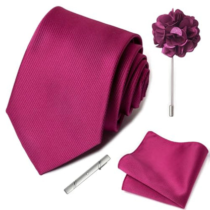 joy alice 30 Colors Solid Ties for Man Pure Color Men's Tie Set with Lapel Pin Pocket Square Tie Clip - color: Fuchsia Pink