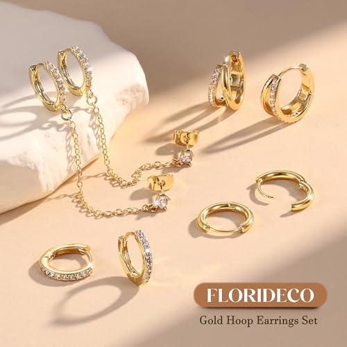 4 Pairs Small Hoop Earrings for Women 14K Gold Plated | Trendy Chain Drop Earrings Set, Hypoallergenic CZ Huggie Hoops, Lightweight Cartilage Earring Stacks - color: 14K Gold Plated-double hoop