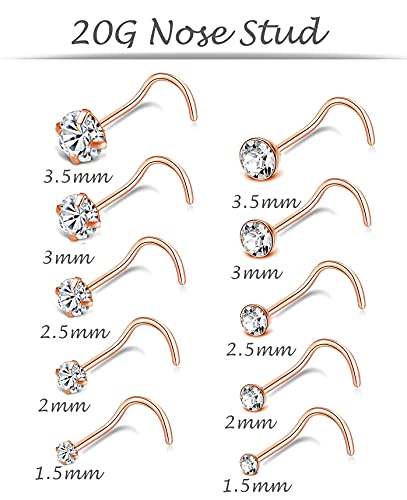 20G 10Pcs Stainless Steel L Screw Bone Shaped Nose Studs Rings Square Round CZ Nose Ring Labret Nose Piercing Jewelry for Men Women Silver Tone 1.5mm-2mm-2.5mm-3mm-3.5mm CZ - style: E:10Pcs,S Shaped(Rose Gold Tone)