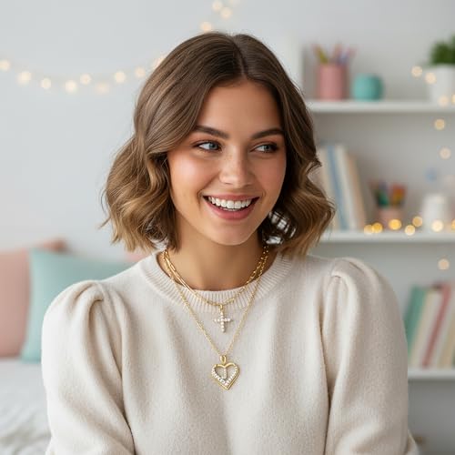 14K Gold Plated Layering Necklaces,Heart Initial Layered Necklace Cross Pendant Necklace Charm Personalized Stackable Jewelry Gift for Her - style: J