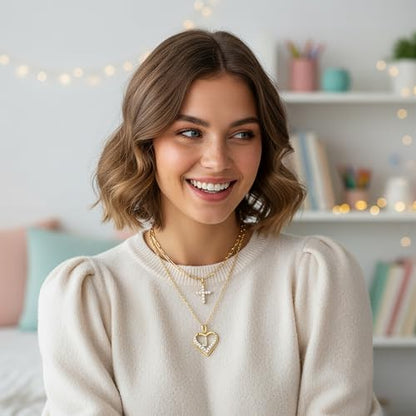 14K Gold Plated Layering Necklaces,Heart Initial Layered Necklace Cross Pendant Necklace Charm Personalized Stackable Jewelry Gift for Her - style: J