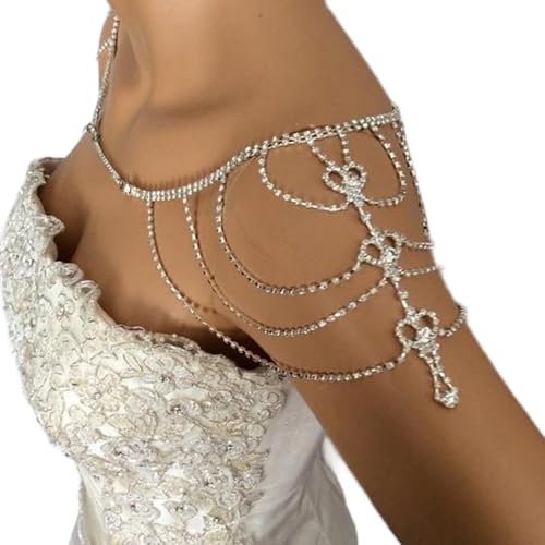 Bridal Multi-Layer Rhinestone Heart Shoulder Chain -Wedding Back Chain for Bride,Crystal Shoulder Body Chain for Women Prom Evening Dress Accessories - color: Silver