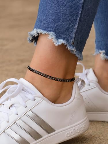 FindChic Stainless Steel Ankle Bracelets for Women, Waterproof Figaro/Cuban/Box/Beaded Chain Anklets, Summer Beach Foot Jewelry, 8.5''-10.5'' Adjustable Length, with Gift Box - style: Cuban Chain-Black